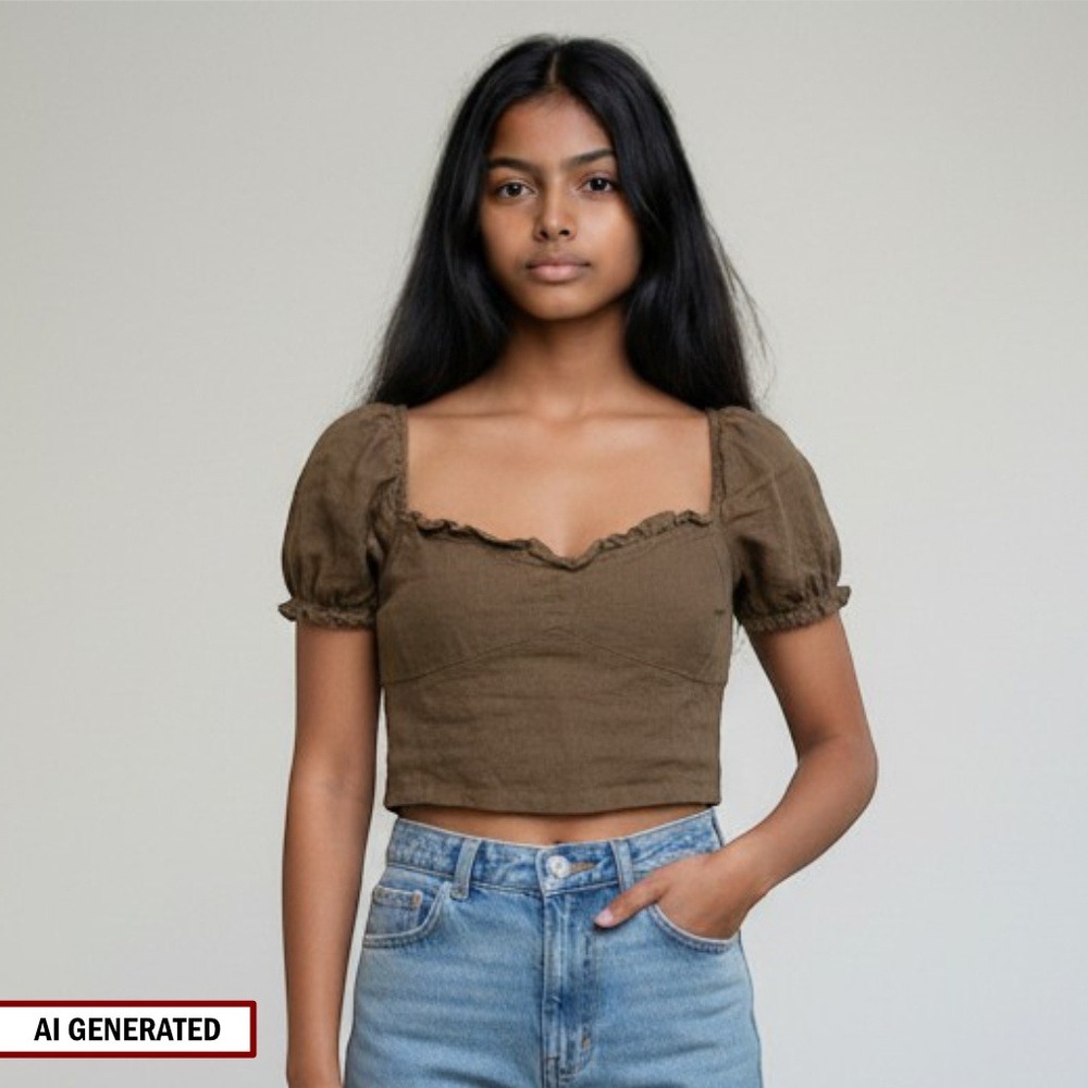 Wilfred Crop‎ Top Womens Small Brown Organic Linen Wander Puff Sleeve Smocked